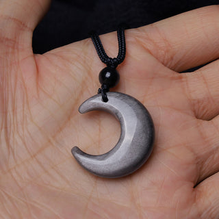 Buddha Gift Natural Silver Sheen Obsidian Selenite Crystal Crescent Moon Yin Yang Couple Protection Necklace Pendant