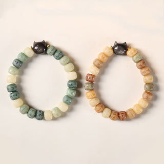Buddha Gift Bodhi Seed Silver Sheen Obsidian Cat Head Om Mani Padme Hum Engraved Harmony Bracelet