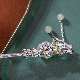 Buddha Gift 925 Sterling Silver Hetian White Jade Flower Blessing Hairpin