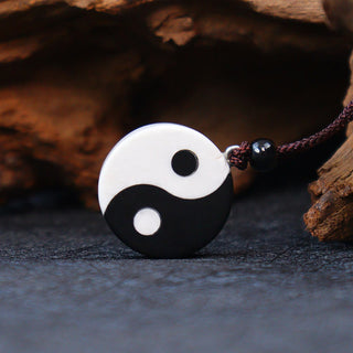 Buddha Gift Natural Black Obsidian White Turquoise Yin Yang Fulfilment Strength Necklace Pendant