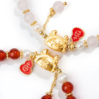 Buddha Gift Year Of The Dragon Natural Red Agate Pink Crystal Black Onyx Dumpling Luck Fu Character Bracelet