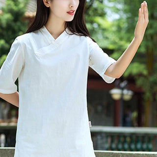 Buddha Gift 2Pcs Half Sleeve V-Neck Shirt Top Pants Meditation Zen Tai Chi Linen Clothing Women's Set