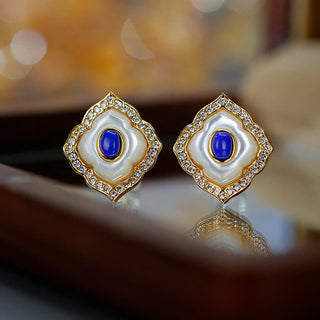 Buddha Gift 925 Sterling Silver Tridacna Stone Lazurite Prismatic Design Blessing Earrings Necklace Pendant Jewelry Set