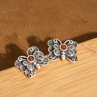 Buddha Gift 925 Sterling Silver Red Agate Butterfly Self-acceptance Ring Earrings Set