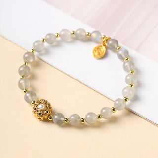 Buddha Gift 14K Gold Plated Natural Strawberry Quartz Labradorite Sun Stone Fu Character Positive Charm Bracelet