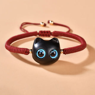 Buddha Gift Ebony Wood Cat Head Pattern Peace King Kong Knot Braided Bracelet