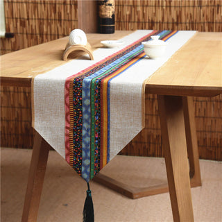 Buddha Gift Classic Chinese Style Lotus Koi Fish Flower Crane Calligraphy Enlightenment Cotton Linen Tassels Table Runner