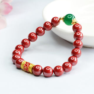 Buddha Gift Natural Cinnabar Green Agate Om Mani Padme Hum Pattern Blessing Bracelet