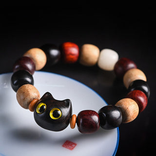 Buddha Gift Small Leaf Red Sandalwood Ebony Wood Cute Cat Engraved Protection Bracelet