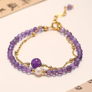 Buddha Gift 14K Gold Plated Amethyst Crystal Healing Double Layer Chain Bracelet