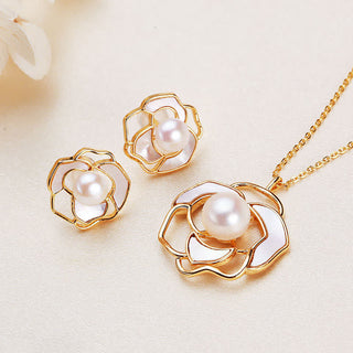 Buddha Gift 925 Sterling Silver Pearl Camellia Pattern Happiness Necklace Pendant Earrings