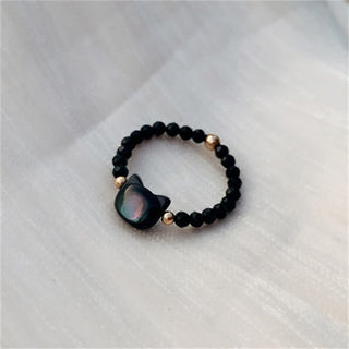 Buddha Gift Natural Tridacna Stone Lovely Cat 14K Gold Blessing Ring