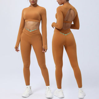 Buddha Gift 2Pcs Long Sleeve Backless Top Bra Leggings Pants Fitness Yoga Outfit Set