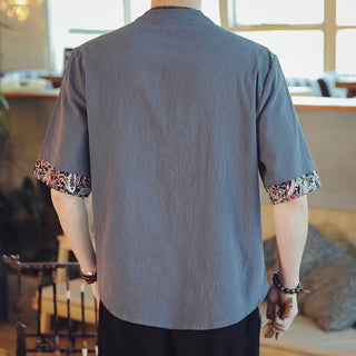 Buddha Gift Frog-Button Dragon Embroidery Chinese Tang Suit Short Sleeve Shirt Linen Men Clothing