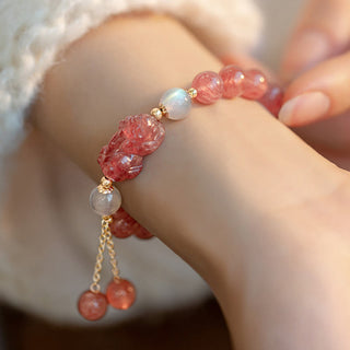 Buddha Gift Natural Strawberry Quartz Moonstone PiXiu Love Healing Bracelet
