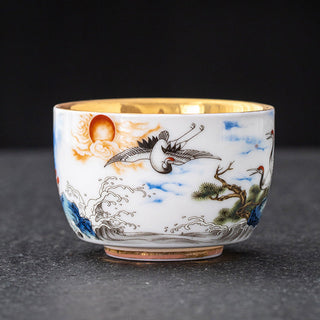Buddha Gift Dragon Phoenix Crane Sun Ocean Waves Gilt Ceramic Teacup Kung Fu Tea Cup 170ml