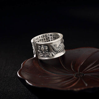 Buddha Gift 999 Sterling Silver Luck Koi Fish Lotus Heart Sutra Wealth Ring