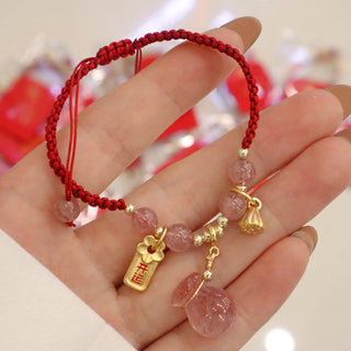 Buddha Gift Natural Strawberry Quartz Money Bag Lotus Healing Charm Red String Braided Bracelet