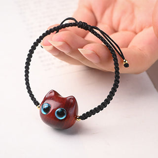 Buddha Gift Small Leaf Red Sandalwood Ebony Wood Cute Cat Head Calm Protection Braided Bracelet