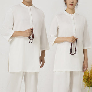 Buddha Gift 2Pcs Solid Color Three Quarter Shirt Top Pants Meditation Zen Tai Chi Cotton Linen Clothing Women's Set