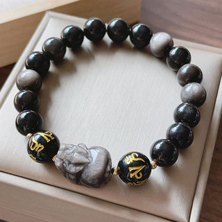 Buddha Gift Natural Silver Sheen Obsidian Black Obsidian Om Mani Padme Hum Pixiu Protection Bracelet