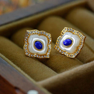 Buddha Gift 925 Sterling Silver Tridacna Stone Lazurite Prismatic Design Blessing Earrings Necklace Pendant Jewelry Set