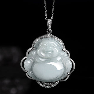 Buddha Gift 925 Sterling Silver Laughing Buddha Natural Jade Abundance Necklace Pendant