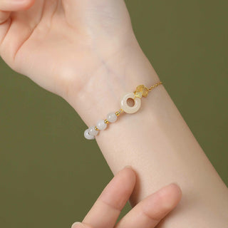 Buddha Gift 925 Sterling Silver Hetian White Jade Peace Buckle Ginkgo Leaf Luck Bracelet