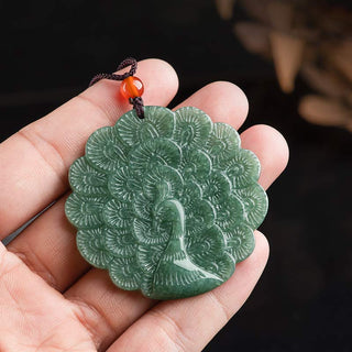 Buddha Gift Natural Jade Peacock Luck Prosperity Necklace Pendant