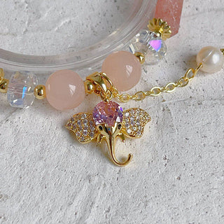 Buddha Gift Amethyst Green Aventurine Strawberry Quartz Positive Elephant Charm Bracelet
