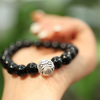 Buddha Gift 925 Sterling Silver Black Onyx Bead Character Engraved Protection Bracelet