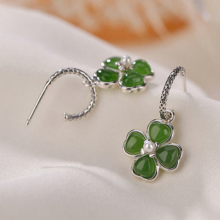 Buddha Gift 925 Sterling Silver Natural Cyan Jade Four Leaf Clover Luck Success Earrings