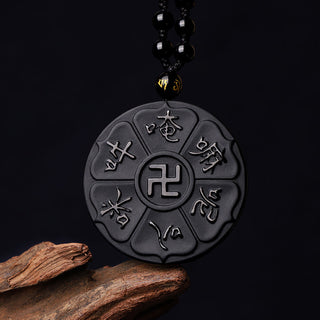 Buddha Gift Natural Black Obsidian Tibetan Om Mani Padme Hum Buddha Swastika Luck Necklace Pendant