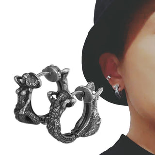 Buddha Gift 925 Sterling Silver Dragon Hoop Pattern Protection Earrings