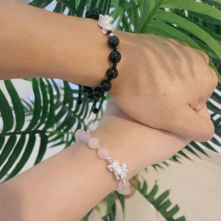 Buddha Gift Natural Black Obsidian Cat's Eye Pink Crystal PiXiu Strength Bracelet