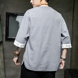 Buddha Gift Frog-Button Dragon Embroidery Chinese Tang Suit Three Quarter Sleeve Shirt Cotton Linen Men Clothing