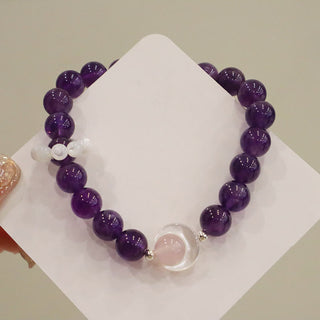 Buddha Gift 925 Sterling Silver Natural Amethyst Aquamarine Pink Crystal Cat's Eye Healing Crescent Moon Bracelet
