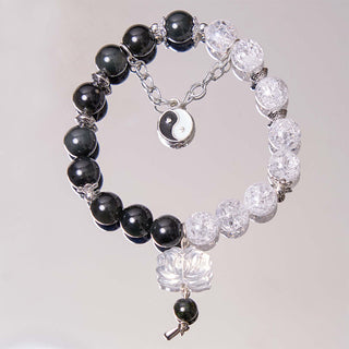 Buddha Gift Silver Sheen Obsidian Crackle Clear Quartz Black Rutilated Quartz Yin Yang Lotus Protection Bracelet