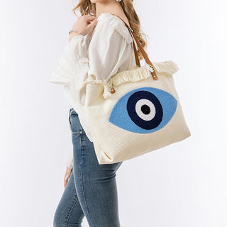 Buddha Gift Large Capacity Evil Eye Leaf Hamsa Tassel Canvas Tote Shoulder Bag