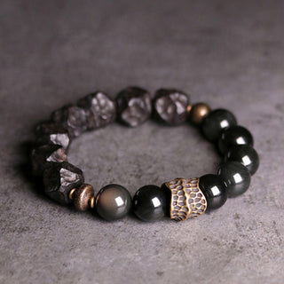 Buddha Gift Black Obsidian Ebony Wood Copper Strength Couple Bracelet