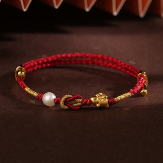 Buddha Gift 24K Gold Wish Ruyi Handle Fu Character Rabbit Pearl Luck Braided Bracelet