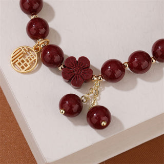 Buddha Gift Cinnabar Fu Character Cherry Blossom Blessing Bracelet