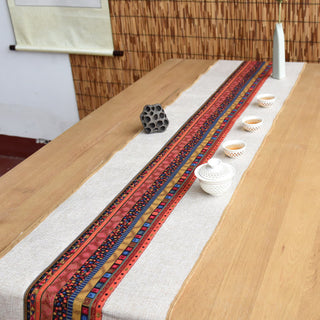 Buddha Gift Classic Chinese Style Lotus Koi Fish Flower Crane Calligraphy Enlightenment Cotton Linen Tassels Table Runner