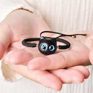 Buddha Gift Ebony Wood Cat Head Pattern Peace King Kong Knot Braided Bracelet