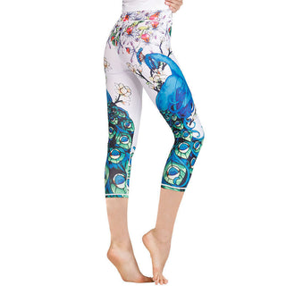 Buddha Gift Lotus Cherry Blossom Gradient Peacock Print Lycra Fabric Sports Cropped Leggings Women's Yoga Capri Pants