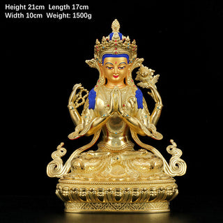 Buddha Gift Chenrezig Four-armed Avalokitesvara Protection Copper Gold Plated Statue Decoration