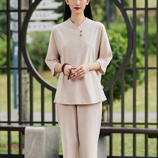 Buddha Gift 2Pcs Shirt Top Pants Meditation Zen Tai Chi Cotton Linen Clothing Women's Set