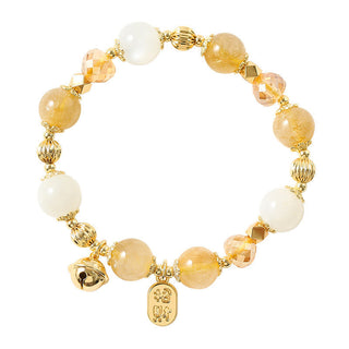 Buddha Gift 14K Gold Plated Golden Rutilated Quartz Wealth Bell Lucky Fortune Charm Bracelet