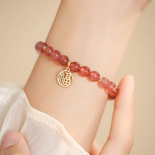 Buddha Gift 14K Gold Plated Strawberry Quartz Fu Character Healing Charm Bracelet