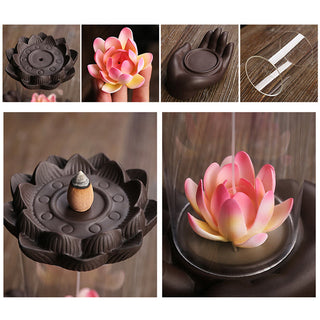 Buddha Gift Buddha Hand Lotus Enlightenment LED Light Purple Clay Ceramic Incense Burner Decoration